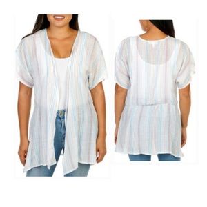 Star Vixen Women's Stripe Open-Front Short-Sleeve Kimono - White Multi